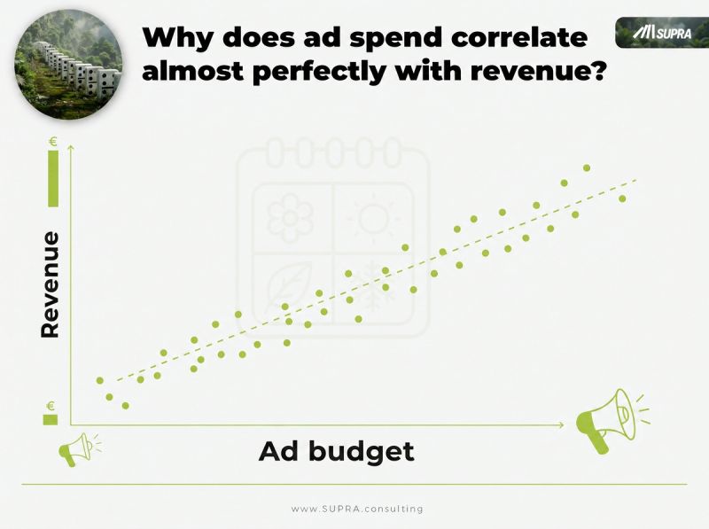 Two curves — advertising spend and revenue — overlaid and moving almost perfectly together, illustrating a confounded correlation driven by seasonality