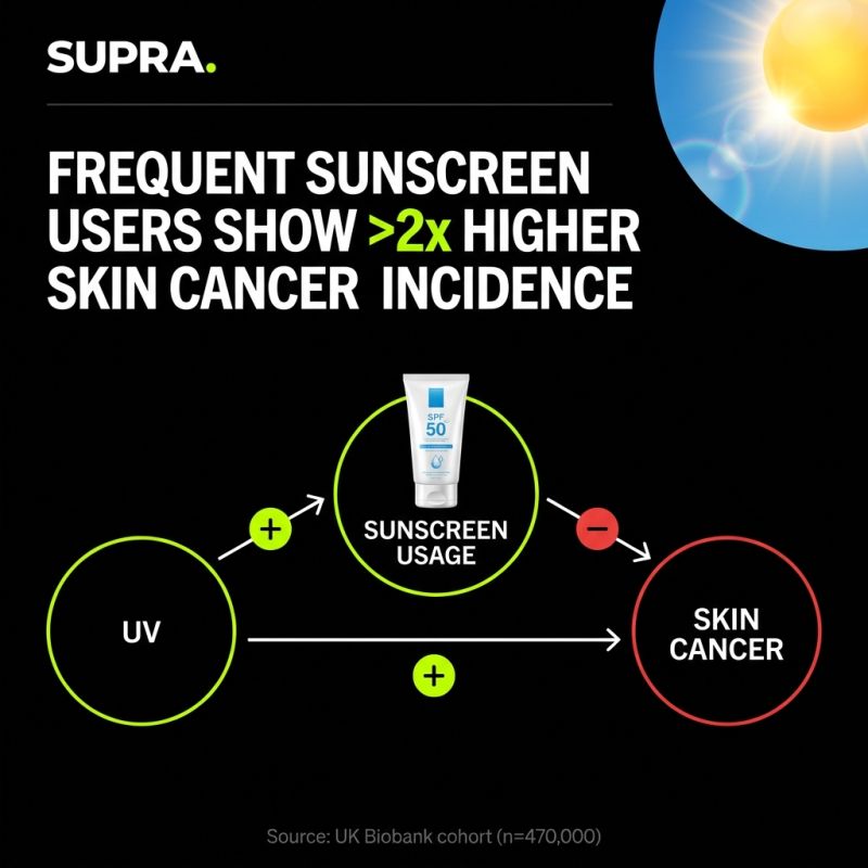 Illustration of the sunscreen paradox: sunscreen use correlates with higher cancer rates because it goes together with more sun exposure, not because sunscreen causes cancer