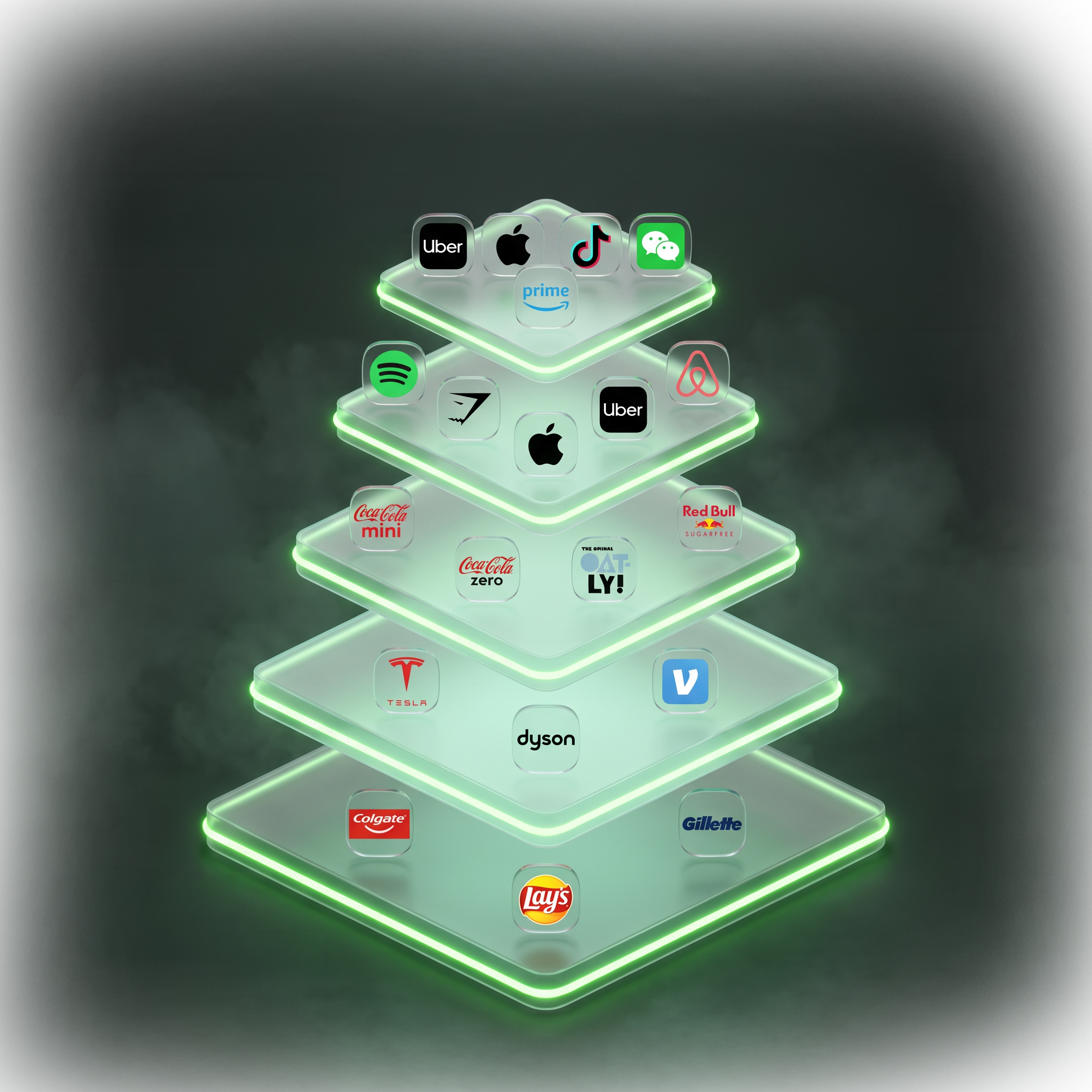Demand Architecture, five-layer pyramid illustrated with well-known brands, one layer per demand driver