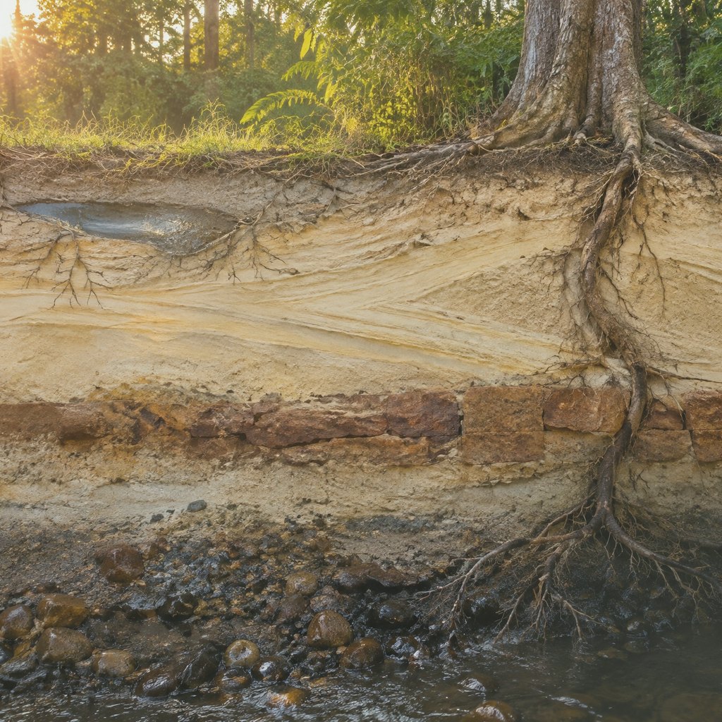 Soil cross-section: a tree root passes a shallow pocket of water and reaches the real groundwater below