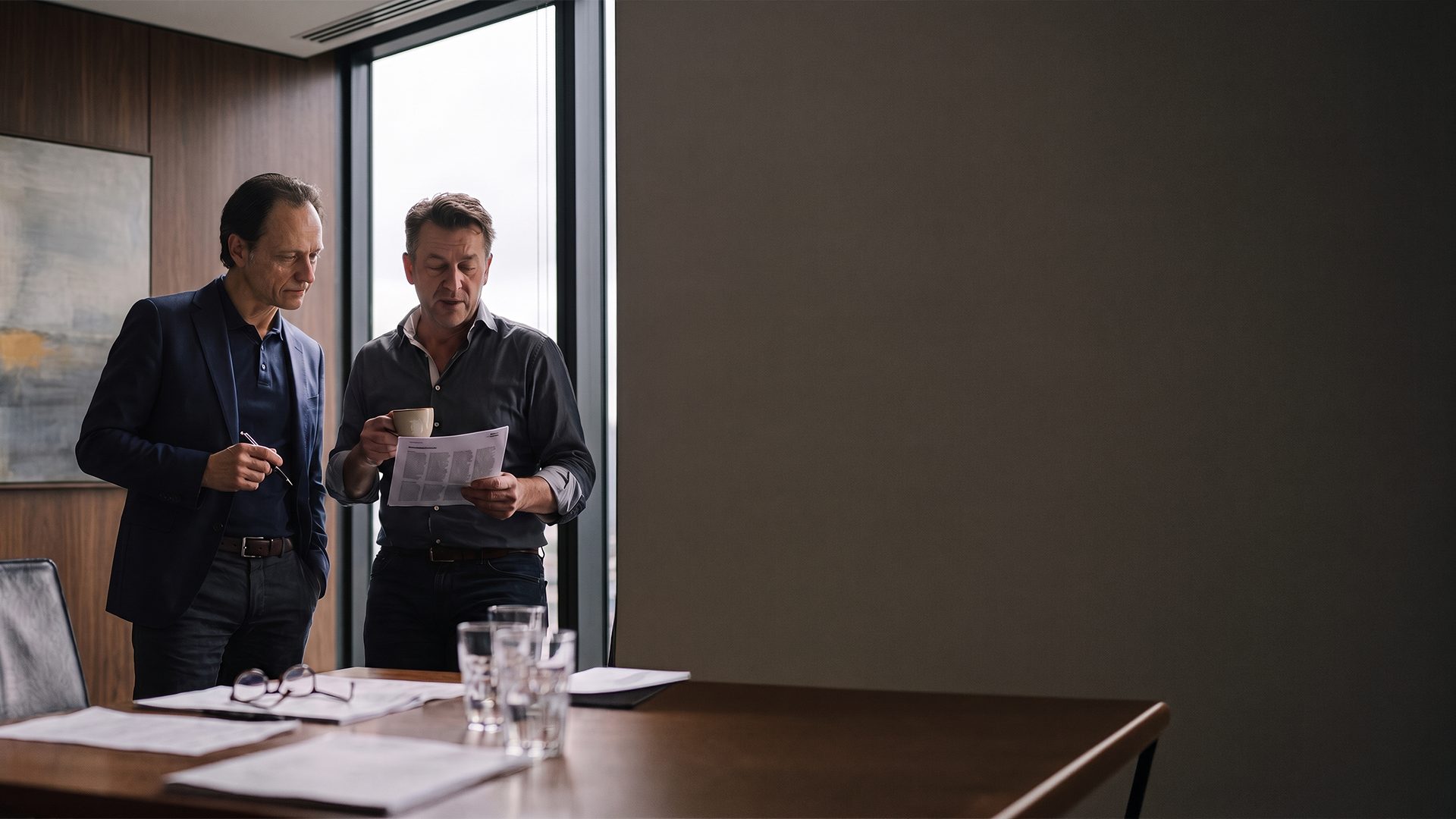 AI-generated image: Dr. Frank Buckler reading along on a CMO’s page in a boardroom