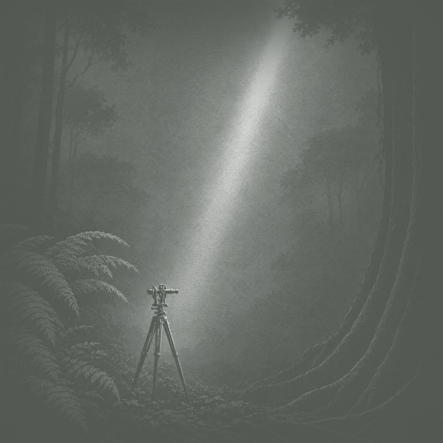 A surveyor’s theodolite in a misty forest, lit by a single beam of light