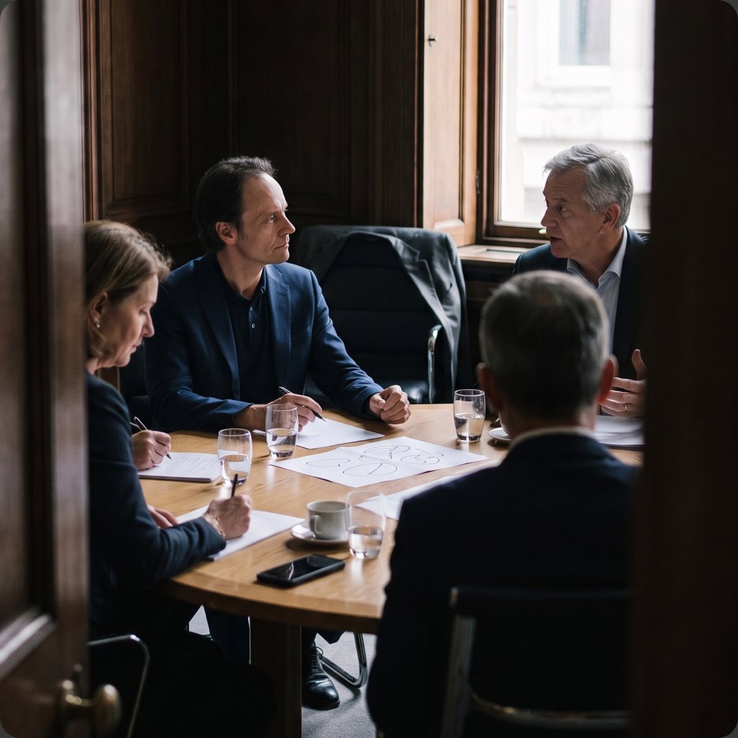 AI-generated image: Dr. Frank Buckler in a meeting with a senior leadership team