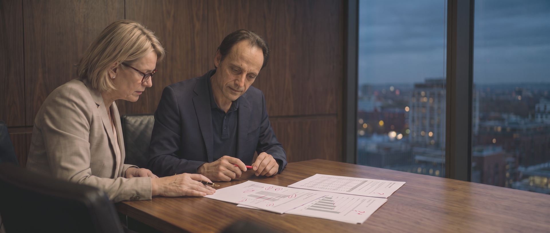AI-generated image: a CEO reads a consulting proposal before signing it, while Dr. Frank Buckler looks over her page with his corrections in red ink