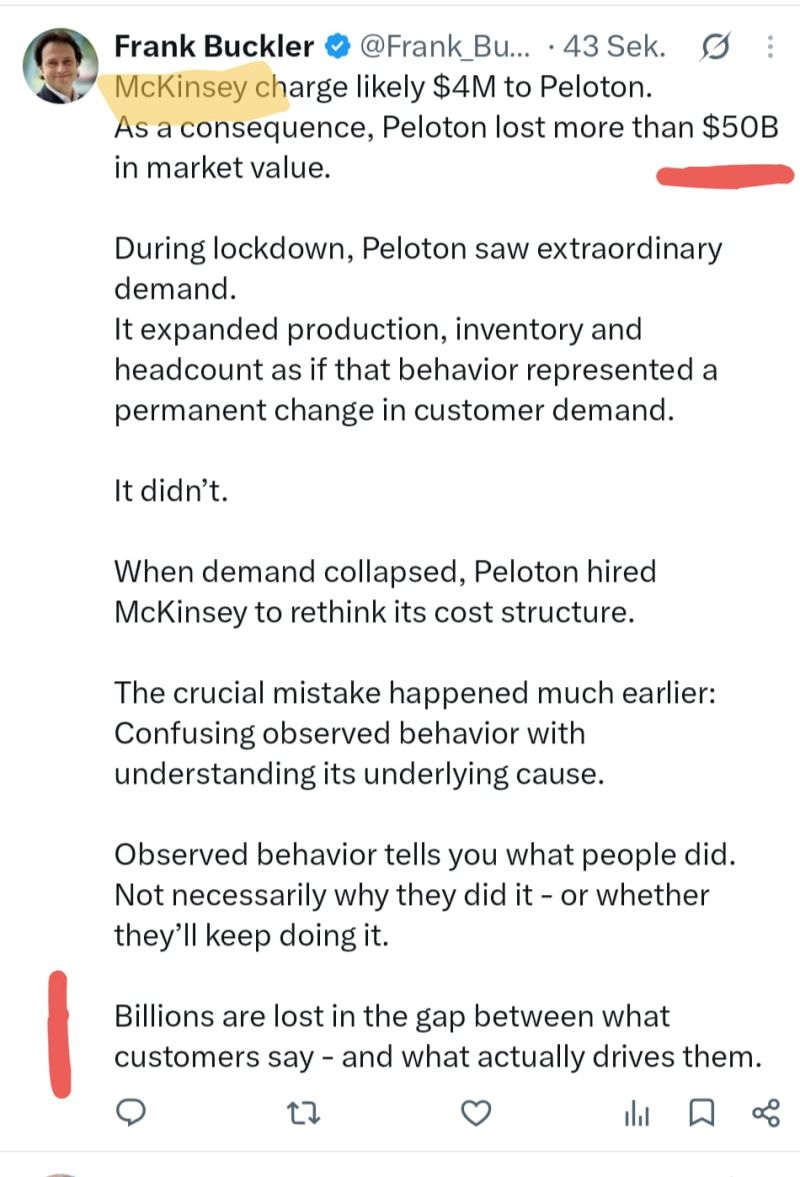 Text card of the original LinkedIn post on Peloton, McKinsey and the observed behaviour fallacy