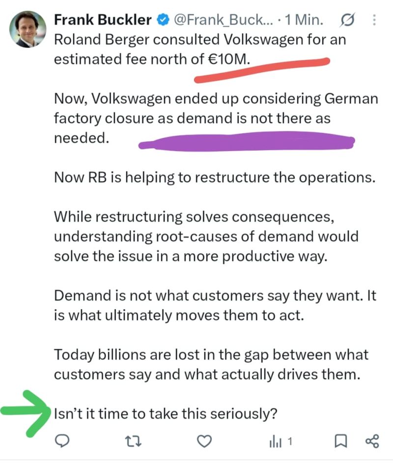 Text card of the original LinkedIn post on Roland Berger, Volkswagen and the restructuring reflex