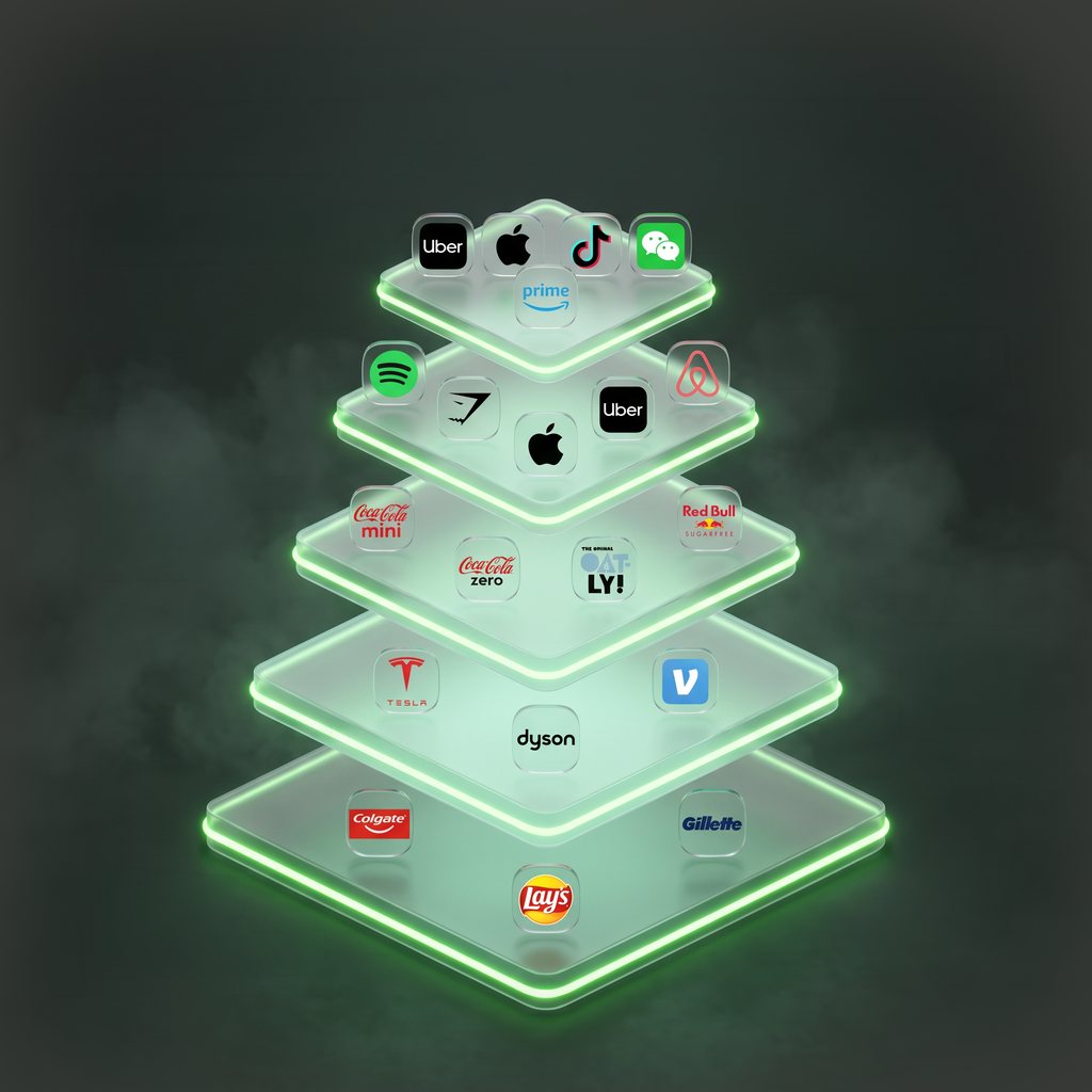 Demand Architecture, five-layer pyramid illustrated with well-known brands, one layer per demand driver